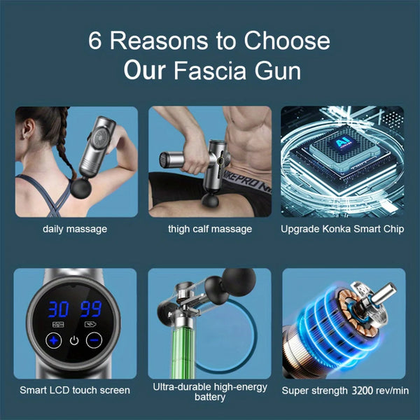 Pistolet de Massage Électrique — Percussion Profonde, 6 Têtes & Multi-Intensités