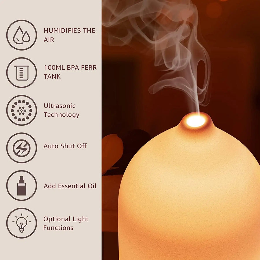 Diffuseur Céramique Ultrasonique — Veilleuse 7 Couleurs & Aromathérapie