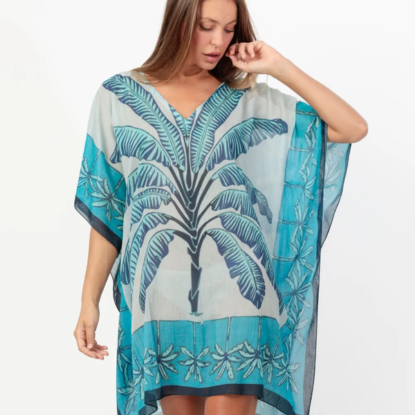 Kaftan Palm Bleu à manches courtes pour femme – Mode française VELUNA