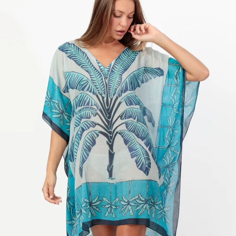 Kaftan Palm Bleu à manches courtes pour femme – VELUNA mode française