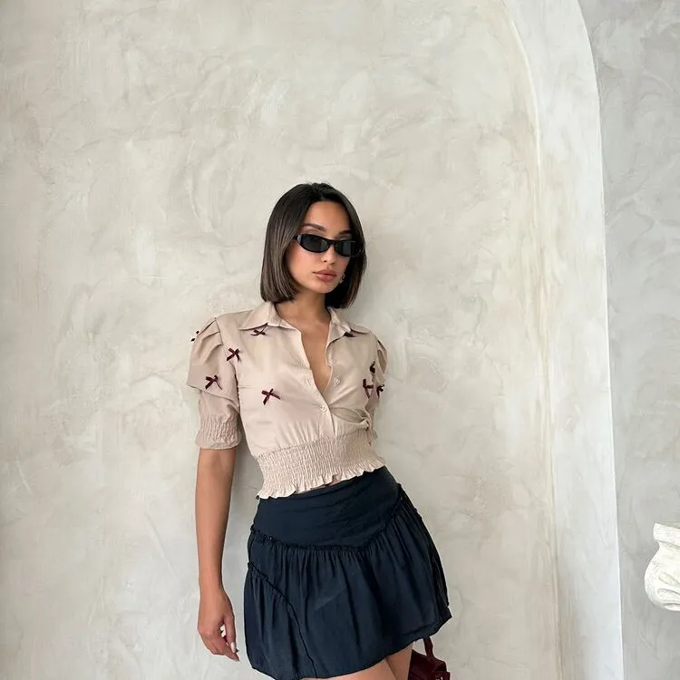 Blouse Beige à Nœuds Violet Femme