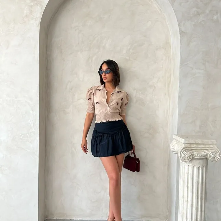 Blouse Beige à Nœuds Violet Femme