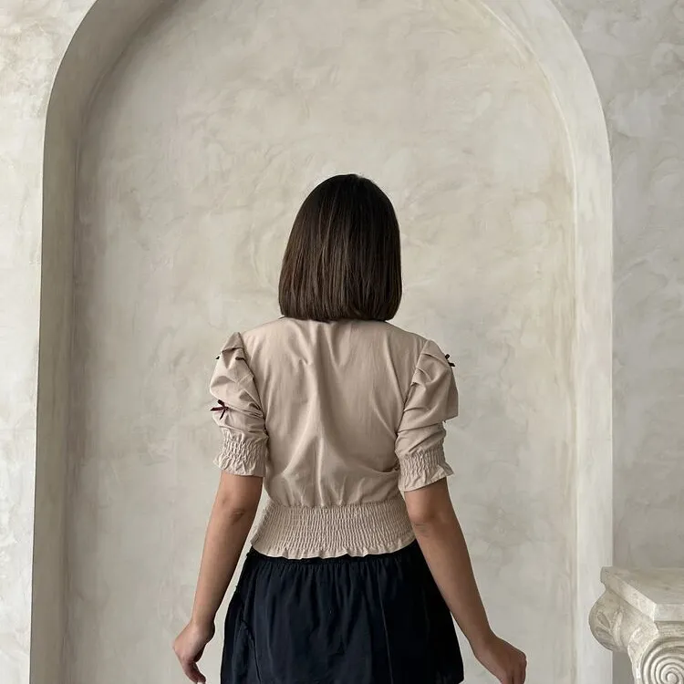Blouse Beige à Nœuds Violet Femme