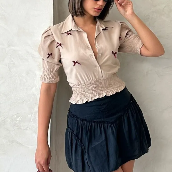 Blouse Beige à Nœuds Violet Femme