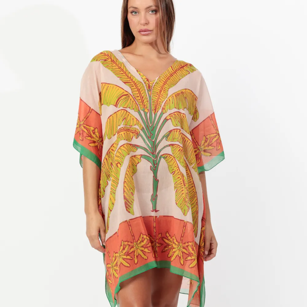 Kaftan Palm Orange à manches courtes pour femme – Mode française VELUNA