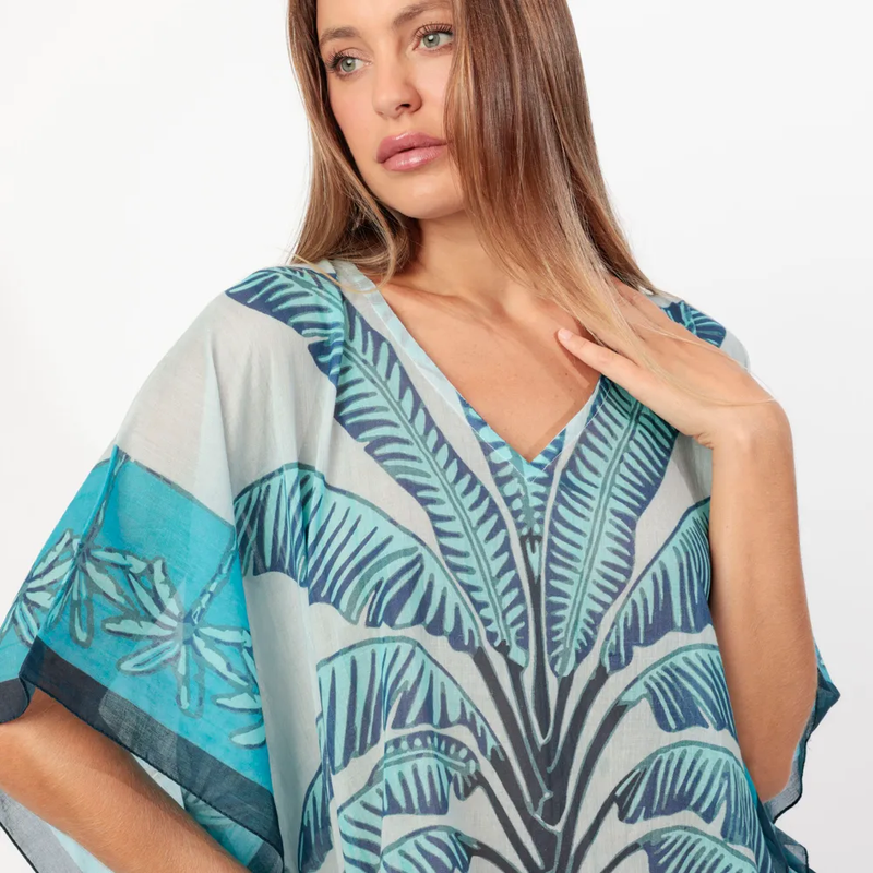 Kaftan Palm Bleu à manches courtes pour femme – VELUNA mode française