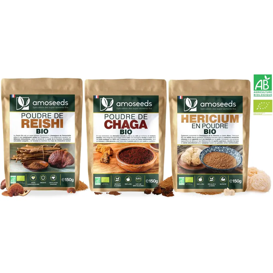 Pack Trio Champignons Adaptogènes Bio — Reishi + Chaga + Hericium | 3 × 150g | Certifié AB