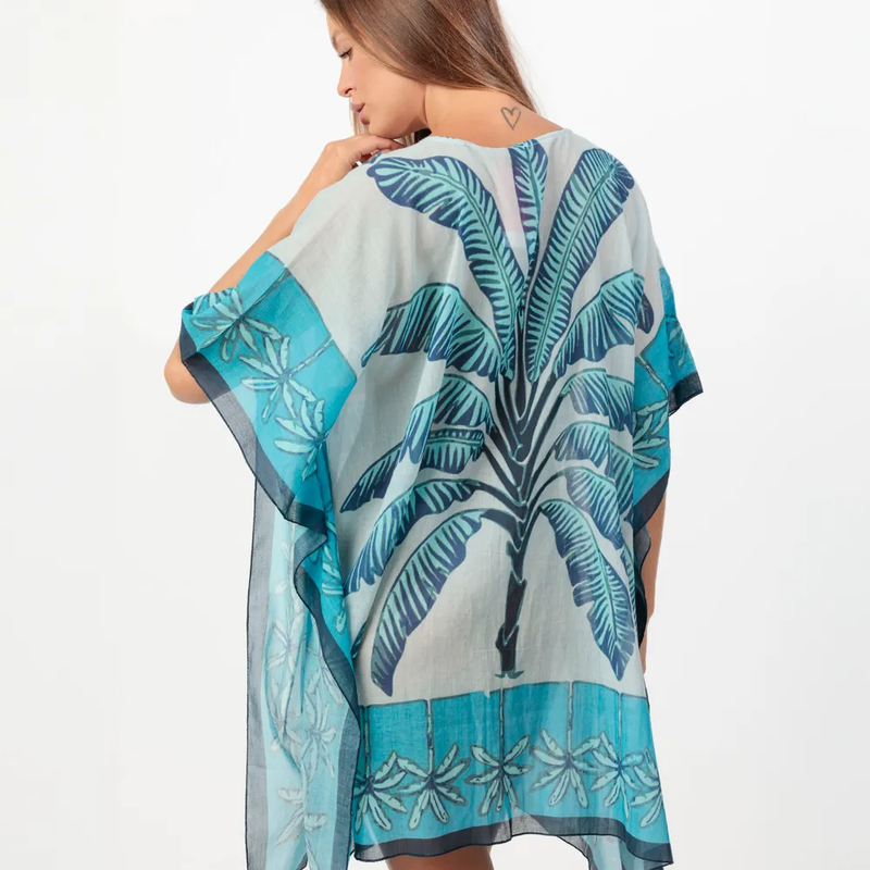 Kaftan Palm Bleu à manches courtes pour femme – VELUNA mode française