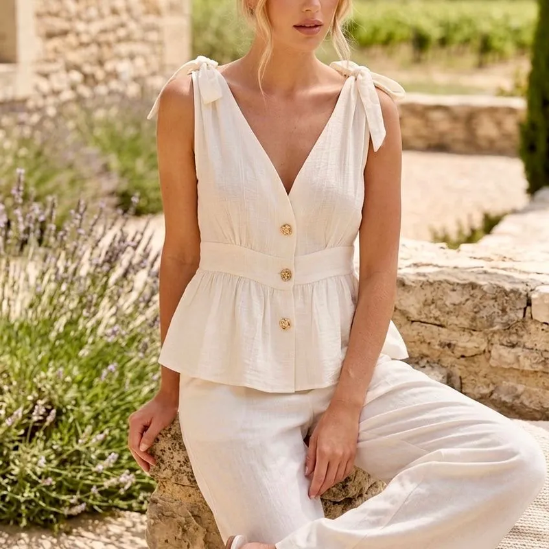 Top Fluide Noué aux Épaules Femme – Style Romantique