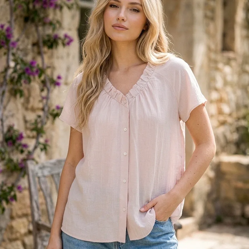 Nouveauté ! Top fluide col volant blanc bleu rose