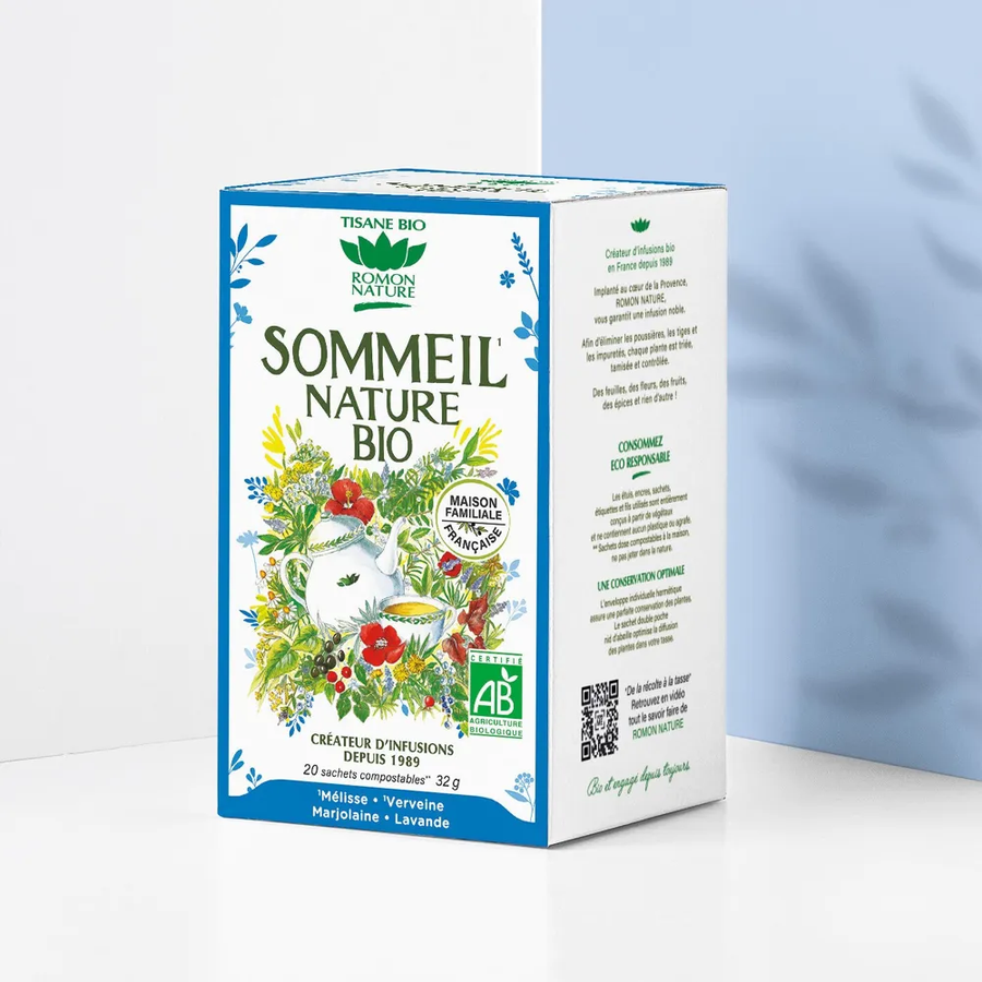 Tisane Sommeil Bio — Mélisse Verveine Marjolaine | 20 Sachets Compostables | Fabriqué en France