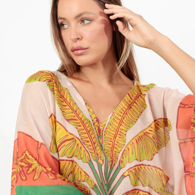 Kaftan Palm Orange à manches courtes pour femme – VELUNA mode française