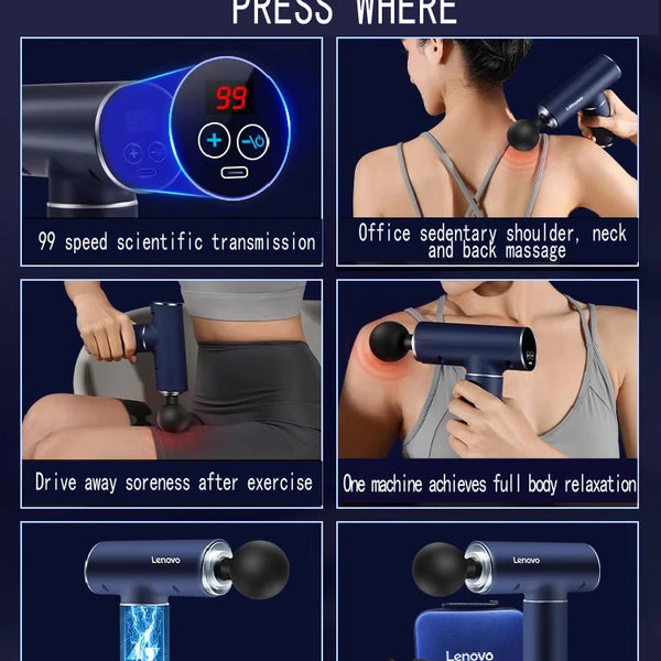 Mini Pistolet de Massage Professionnel Lenovo — 5 Vitesses & 6 Têtes